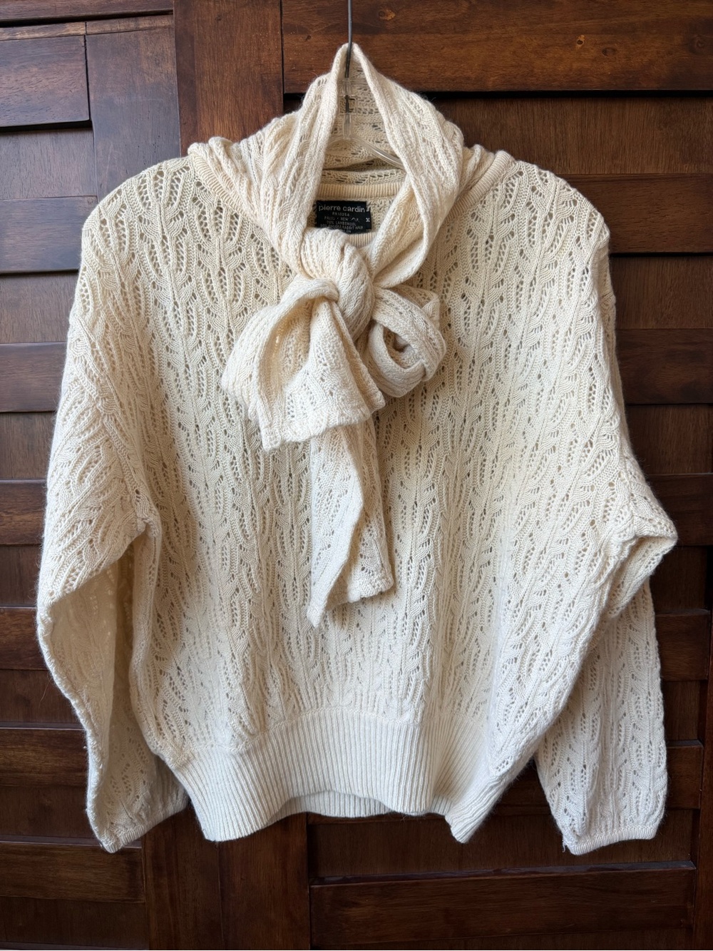 Vintage Pierre Cardin Angora Lambswool Open Knit Tie Neck Sweater Cream M Boho